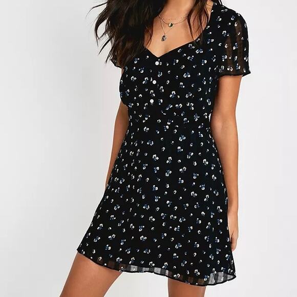 The East Order Ami Mini Floral Dress Ditsy Ruffle Black Blue Cottagecore XS - Picture 1 of 13